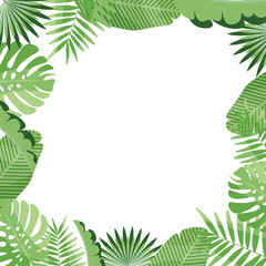 Vector square frame made of tropical leaves. Image on a white background. Summer template for printing.