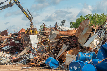 Processing industry, a pile of old scrap metal, ready for recycling. Scrap metal recycling.
