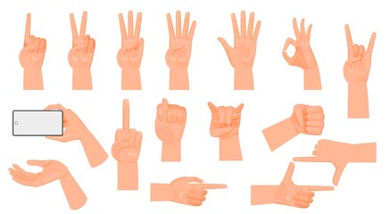 Hand gestures. Counting to five on fingers, fico, cartoon flat style. Sign language