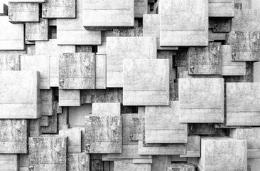 Muros de hormigón y bloques de cemento.Ilustración 3d. Cubos de piedra en un cuarto oscuro.