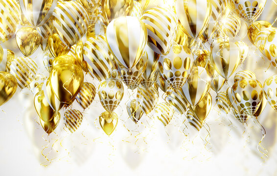 Fondo festivo y de celebración. Globos de oro y dorados. Elegantes globos de helio volando sobre fondo blanco para anuncios, cumpleaños e invitaciones.Ilustración 3d.