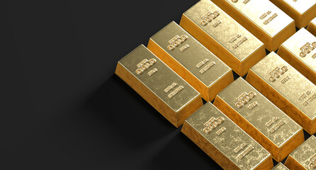 Stack of gold bars isolated on dark background. Background of realistic gold bars. 3D illustration.