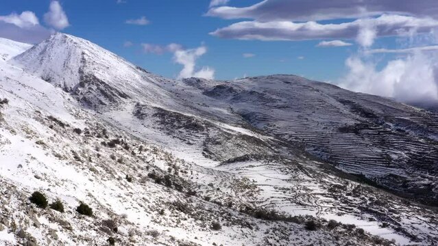 Aerial Panning Idyllic Shot Of Snow Covered Mountains Against Dramatic Sky - Golan, Israel