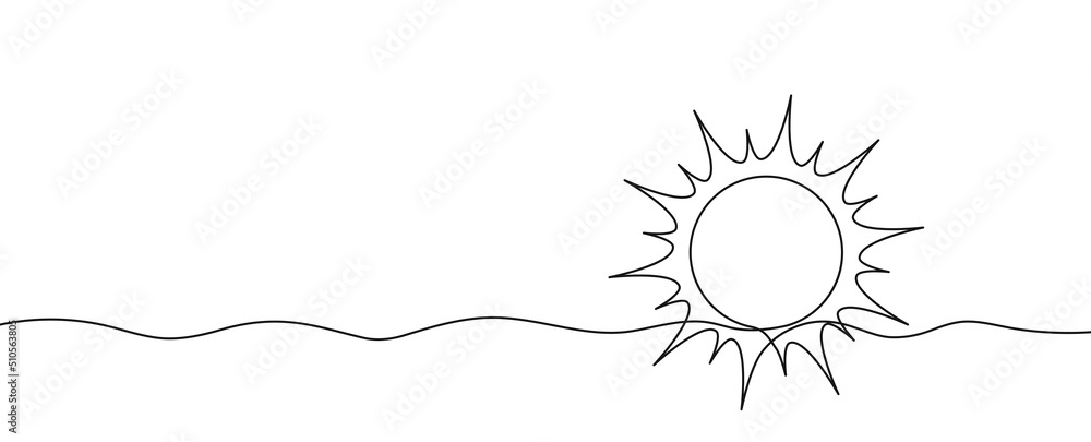 Poster one continuous line illustration of sun with rays. sun and sunlights drawn in one line. vector illus