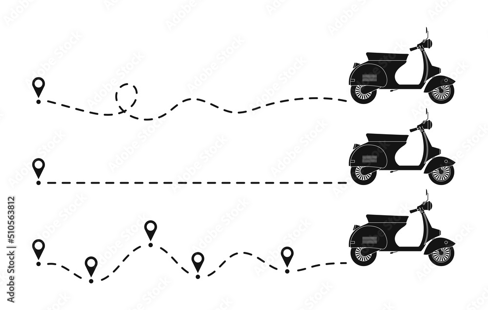 Poster Moped icon dotted line path with start point. Set of motorbike or moped way trace with location or map pins and dotted route. Vector illustration.