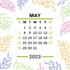 Fototapeta na wymiar May. Calendar 2023. Leaves. Vector leaf. Hand drawn repeating elements. Fashion design print. Natural background