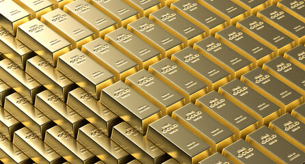 Background of stack of gold bars. Realistic gold bars. 3D illustration.