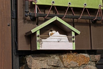 one green open wooden mailbox with white paper envelopes hanging on a brown wall outdoors