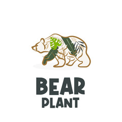 Simple illustration logo bear with natural pattern of leaves and plants