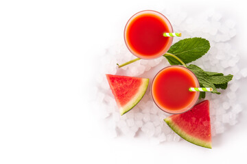 Fresh watermelon juice with ice isolated on white background. Top view. Copy space