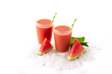 Fresh watermelon juice with ice isolated on white background