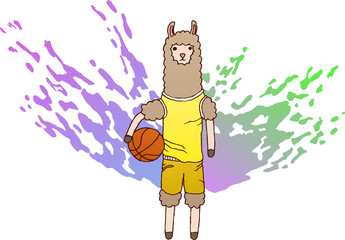 Illustration of a lama standing with a basketball. Animal, rack, cool, spots, eps ready to use. For your design © Vladimir