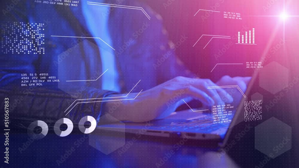 Poster businessman typing on computer keyboard for finance stock exchange market blockchain trading, digita