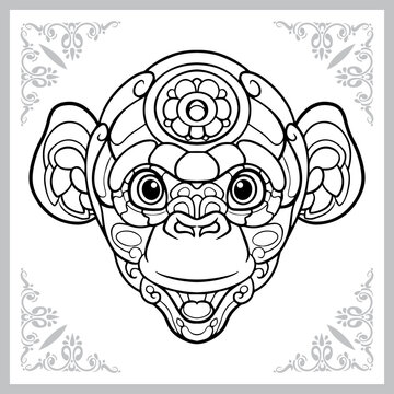 cute ape head cartoon zentangle arts. isolated on white background.