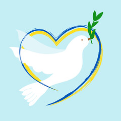 Flight of dove with olive twig. Cartoon white pigeon flying inside line of heart drawn with brush in yellow blue national colors of Ukrainian flag flat vector illustration. Stop war in Ukraine concept