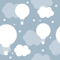 Vector hand drawn seamless pattern with white clouds and balloons on a blue background. Modern trendy children's wallpapers, textiles, prints for baby clothes.