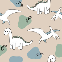 Vector hand drawn seamless pattern with cute dinosaurs. Print with dino, spots and dots in doodle style. Trendy wallpaper for the nursery, print for clothes, textiles.