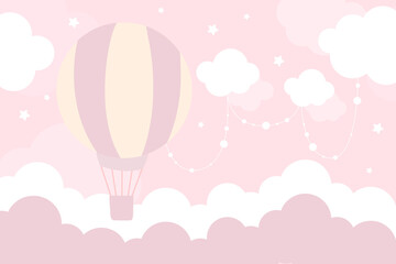 Vector hand drawn childish 3d wallpaper with clouds, stars and hot air balloon. On a pink background. Wallpaper for a little princess. Modern children's wallpaper, wall decor.
