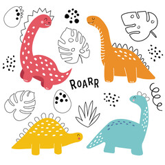 Vector hand drawn bright set of dino, tropical leaves, bushes, eggs, dots in doodle style. Clipart set.