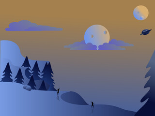 sunset view design with two people greeting