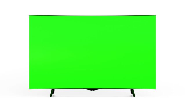 TV mockup screen. TV on a white background. Lsd smart tv turns on and the green screen lights up. Camera approaches zoom. 4k realistic render