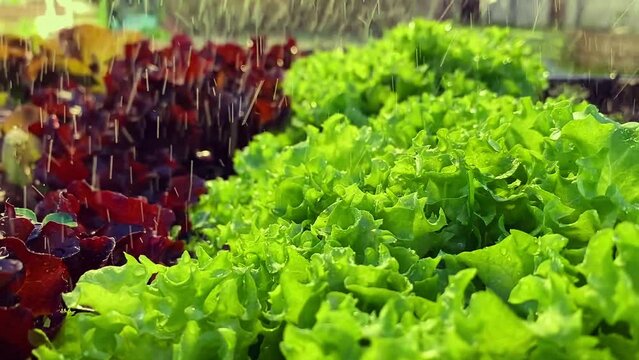 Watering Lettuce leaves and red lollo rosso salad , top view, slow motion camera dolly wiring