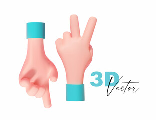 3D hand gesture. Cartoon style. Click, show, victiry, cool