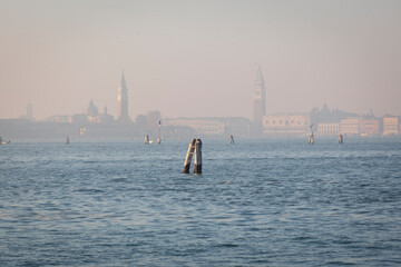 Fototapeta na wymiar Venezia. Skyline dal Bacino di San Marco con l' isola di San Giorgio Maggiore e il campanile di Piazza San Marco