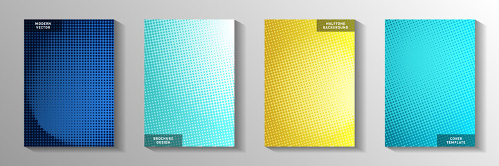 Futuristic dot perforated halftone cover templates vector kit. Scientific booklet faded halftone