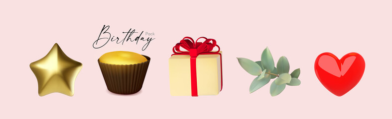 Birthday celebration 3D set. Chocolate candy, gift boxes, heart, leaf and star.