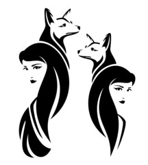 beautiful woman with long hair and elegant fox black and white vector head portrait outline
