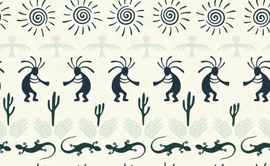 Kokopelli with flute, pangolin, hawk, sun symbol, hands and plant tribal vector seamless pattern.
