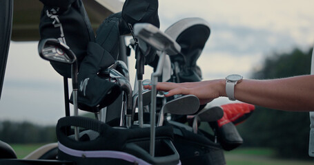 Woman choose golf clubs in equipment bag. Pro golfer prepare on green field game - Powered by Adobe