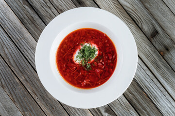 Photo for menu, Ukrainian borscht with sour cream, food background, Food and health. Top view