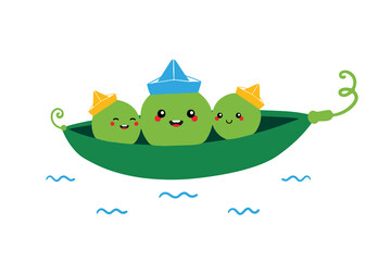 Cute and happy cartoon style green peas characters sailing on the boat. Vector illustration for kids, children.
