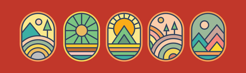 Nature badge logo mountain sun beach adventure vector illustration 