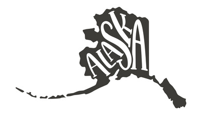 Alaska silhouette state. Alaska map with text script. Vector outline Isolated illustratuon on a white background. Alaska state map for poster, banner, t-shirt, tee. - obrazy, fototapety, plakaty