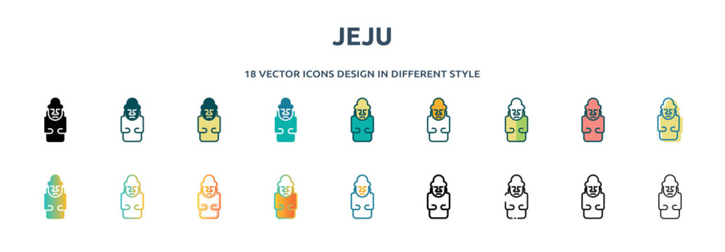 jeju icon in 18 different styles such as thin line, thick line, two color, glyph, colorful, lineal color, detailed, stroke and gradient. set of jeju vector for web, mobile, ui
