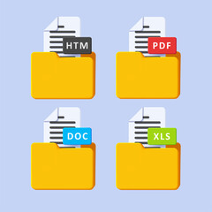 Set of 3d icons of file format documents in folder