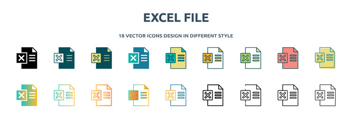 excel file icon in 18 different styles such as thin line, thick line, two color, glyph, colorful, lineal color, detailed, stroke and gradient. set of excel file vector for web, mobile, ui
