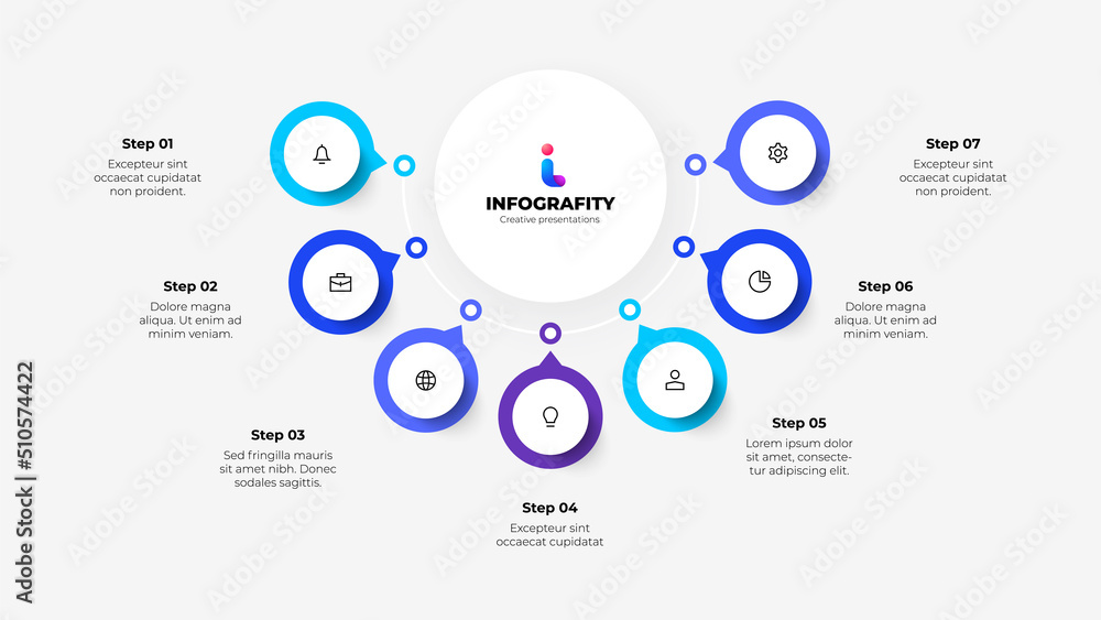 Poster Central white circle with colored circles around connected by a thin line. Flowchart diagram with 7 options. Infographic design template.