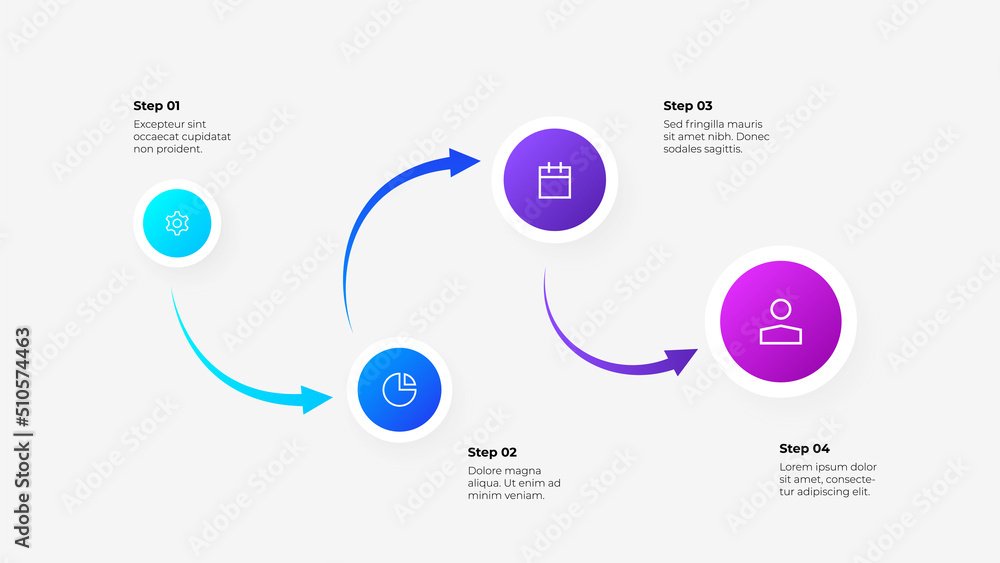 Poster Four circles with arrows. Process infographic illustration. Growth example with 4 steps.