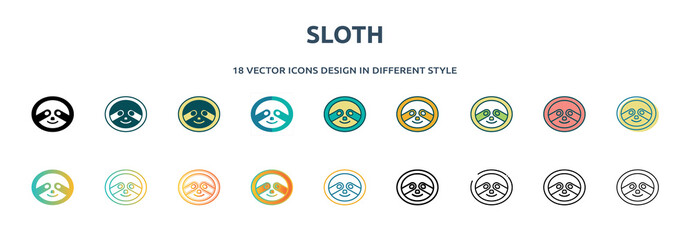 sloth icon in 18 different styles such as thin line, thick line, two color, glyph, colorful, lineal color, detailed, stroke and gradient. set of sloth vector for web, mobile, ui © IconArt