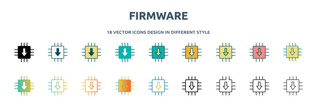 firmware icon in 18 different styles such as thin line, thick line, two color, glyph, colorful, lineal color, detailed, stroke and gradient. set of firmware vector for web, mobile, ui