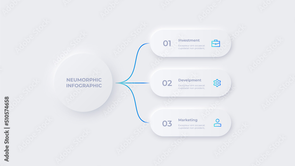 Poster flowchart infographic in neumorphic style. business concept with 3 options, parts, steps or processe