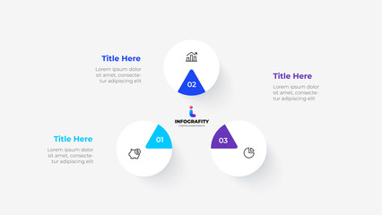 White circles with colored segments in the form of a triangle. Cycle infographic diagram with 3 options or steps.