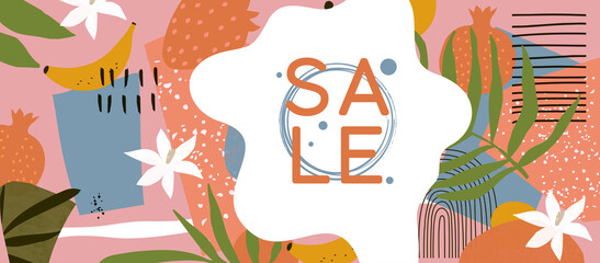Summer sale website banner. Sale tag. Sale promotional material vector illustration. Design for ad, social media banner, brochure, email, flyer, leaflet, newsletter, placard, poster, web sticker	