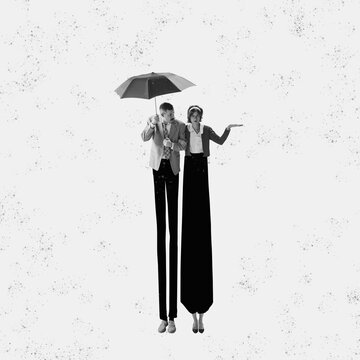 Monochrome contemporary art collage. Ideas, vintage, retro style, imagination. Young couple in love strolling on paper effect background. Surrealism