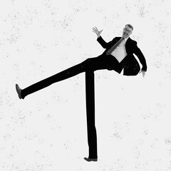 Contemporary art collage. Young business man in 60s, 70s fashion style suit with long drawn legs isolated on paper effect background. Fashion, art, surrealism.