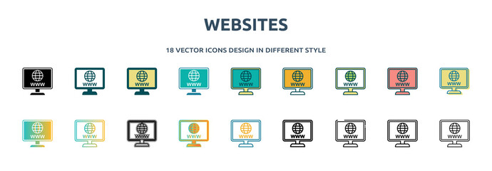 websites icon in 18 different styles such as thin line, thick line, two color, glyph, colorful, lineal color, detailed, stroke and gradient. set of websites vector for web, mobile, ui